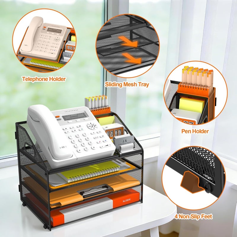 Docnest 4 Tier Metal Mesh Letter Tray - Space Saving Desk File Organizer with Handle, Pen Holder & Folder Holder - Desktop Document Sorter for Office, Home, School, Classroom - Black - Image 4